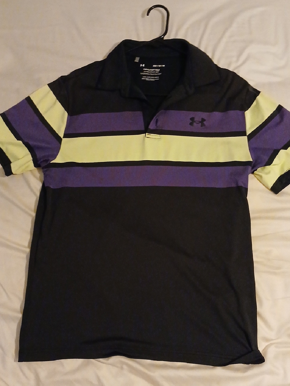 Under Armour Black Polo with Purple and Lime Stripes